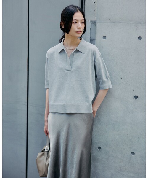 green label relaxing(グリーンレーベルリラクシング)の「2WAY スキッパー シャツ プルオーバー ニット 5分袖(ニット/セーター・レディース・グレー/ベージュ/ネイビー・FREE)」の8枚目の写真