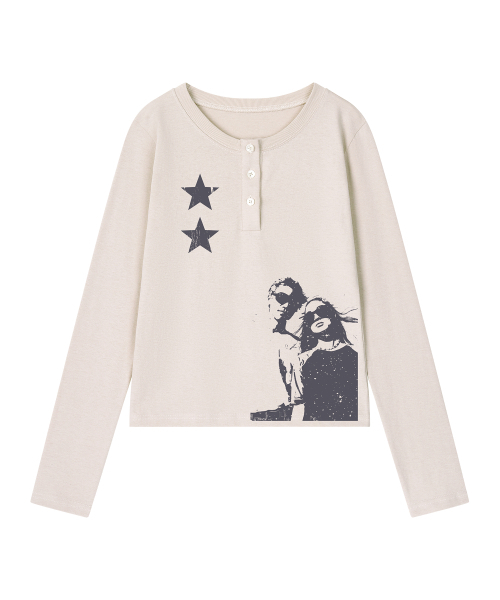 GRAVER（グレーバー）の「[UNISEX]STAR2 ヘンリーネック ロングスリーブ Tシャツ_3color（Tシャツ/カットソー・レディース・ブラック/ベージュ/チャコール・MEDIUM/LARGE）」の7枚目の写真