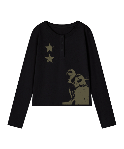 GRAVER（グレーバー）の「[UNISEX]STAR2 ヘンリーネック ロングスリーブ Tシャツ_3color（Tシャツ/カットソー・レディース・ブラック/ベージュ/チャコール・MEDIUM/LARGE）」の8枚目の写真