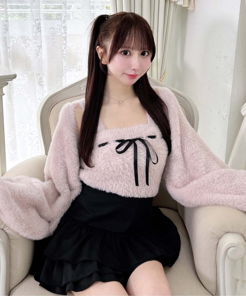 INGNI（イング）の「【WEB限定】フェザーボレロニット＋ベアキャミセット（アンサンブル・レディース・ピンク/オフホワイト/チャコールグレー・M）」の3枚目の写真