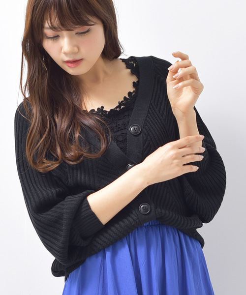 rps（アールピーエス）の「模様編みボリューム袖ショートニットカーディガン（カーディガン/ボレロ・レディース・ブラック/オフホワイト/ピンク/ミント/杢グレー・M）」の3枚目の写真