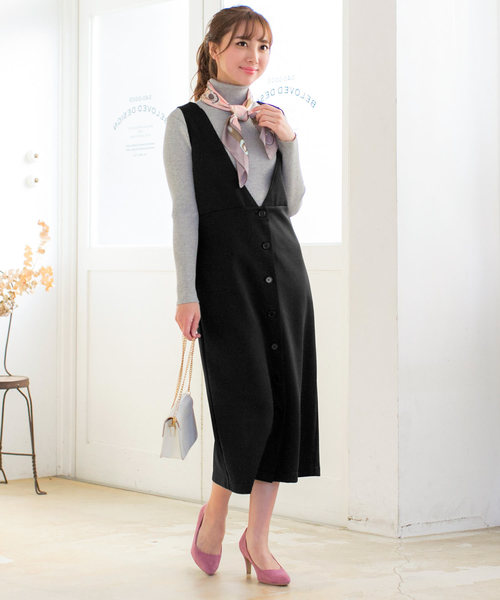 KOBE LETTUCE(コウベレタス)の「フロントボタンポンチVネックジャンスカワンピース(ジャンパースカート・レディース・ブラック/アイボリー/モカ・FREE)」の2枚目の写真