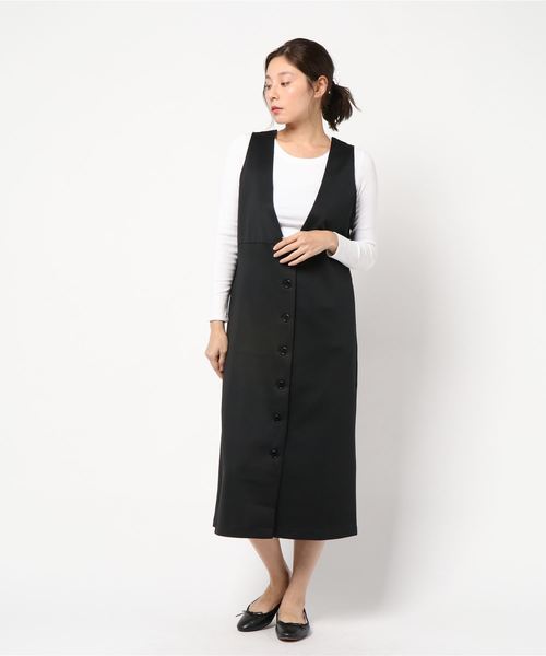 KOBE LETTUCE(コウベレタス)の「フロントボタンポンチVネックジャンスカワンピース(ジャンパースカート・レディース・ブラック/アイボリー/モカ・FREE)」の7枚目の写真
