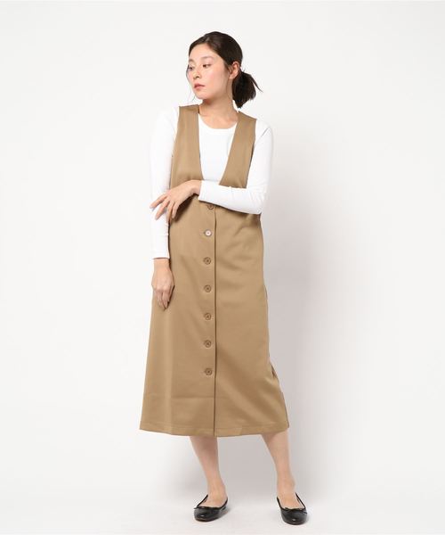 KOBE LETTUCE(コウベレタス)の「フロントボタンポンチVネックジャンスカワンピース(ジャンパースカート・レディース・ブラック/アイボリー/モカ・FREE)」の13枚目の写真