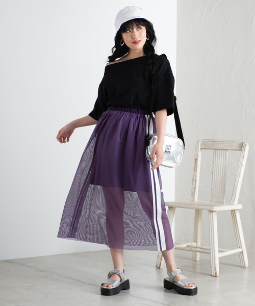 WEGO（ウィゴー）の「WEGO/サイドラインメッシュロングスカート（スカート・レディース・パープル/ブラック/ホワイト/カーキ・FREE）」の5枚目の写真