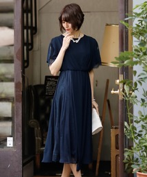スカラップ シフォン ワンピースドレス 大きいサイズ ミモレ丈&袖あり 結婚式 フォーマル オケージョンドレス お呼ばれ 二次会 成人式