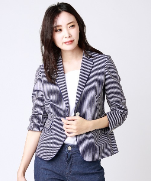 NEWYORKER(ニューヨーカー)の「Summer Time Blazer(サマータイムブレザー)/サッカー2釦シングルブレザー(テーラードジャケット・レディース・ネイビー/ブルー・11号/9号/7号)」の2枚目の写真