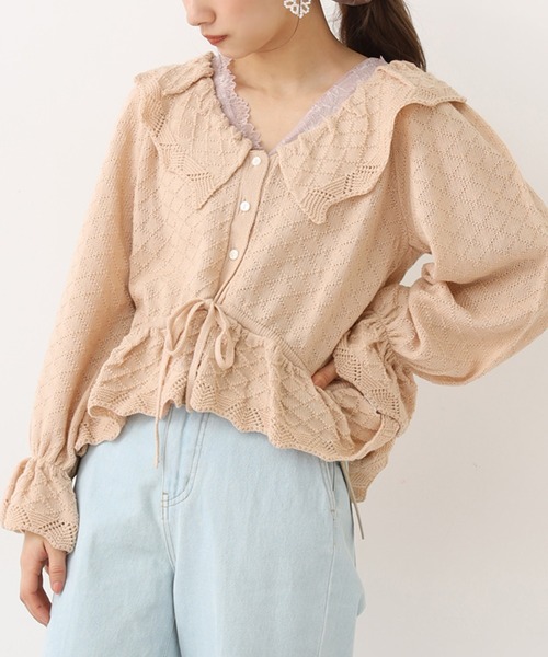 one after another NICE CLAUP（ワンアフターアナザーナイスクラップ）の「透かしニット衿付きカーディガン（カーディガン/ボレロ・レディース・ブラック/ベージュ/オフホワイト/ラベンダー・FREE）」の4枚目の写真