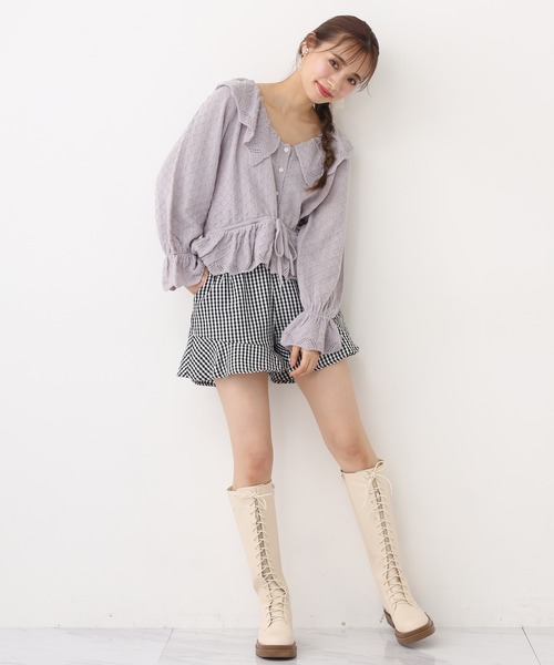 one after another NICE CLAUP（ワンアフターアナザーナイスクラップ）の「透かしニット衿付きカーディガン（カーディガン/ボレロ・レディース・ブラック/ベージュ/オフホワイト/ラベンダー・FREE）」の7枚目の写真