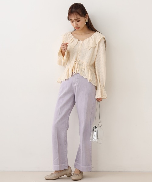 one after another NICE CLAUP（ワンアフターアナザーナイスクラップ）の「透かしニット衿付きカーディガン（カーディガン/ボレロ・レディース・ブラック/ベージュ/オフホワイト/ラベンダー・FREE）」の10枚目の写真