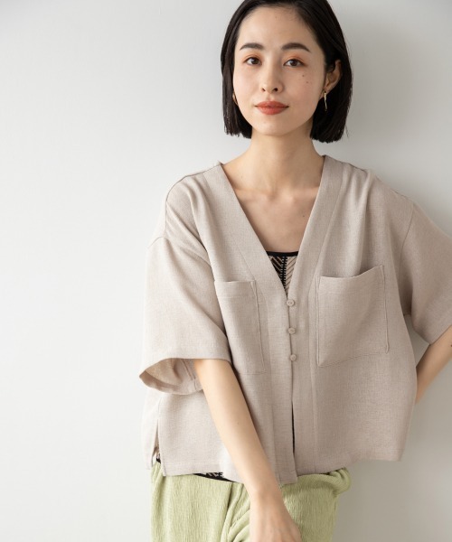 LOWRYS FARM（ローリーズファーム）の「メッシュショートシャツカーディガンＳＳ　943184（シャツ/ブラウス・レディース・ブラウン/アイボリー/ブルー・FREE）」の2枚目の写真