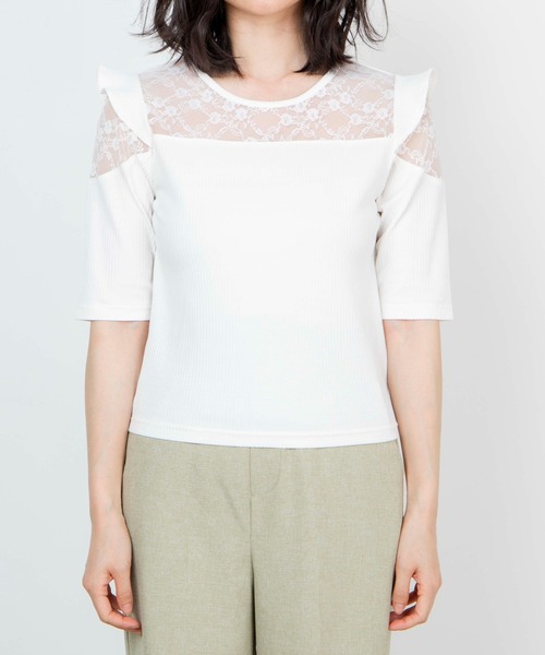 WEGO（ウィゴー）の「WEGO/オープンショルダーレースフリルT（Tシャツ/カットソー・レディース・ブラック/ホワイト・FREE）」の3枚目の写真