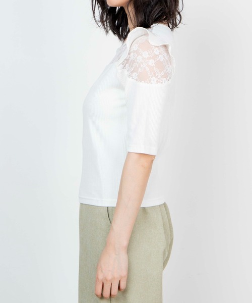 WEGO（ウィゴー）の「WEGO/オープンショルダーレースフリルT（Tシャツ/カットソー・レディース・ブラック/ホワイト・FREE）」の4枚目の写真