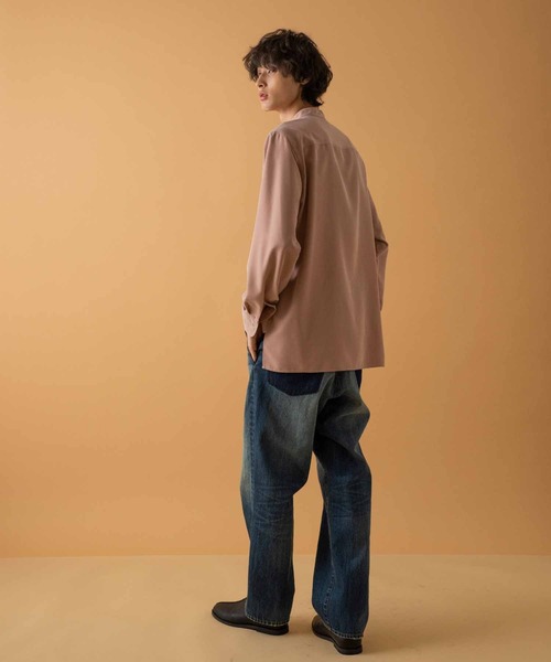 美品＊アダムエロペADAM ET ROPE' とろみ感 羽織れる♪ こっくり深い色ミモレ丈ベルテッドワンピース*オフィスカジュアル リラックスドレープ レーヨンスエード とろみバンドカラーシャツ