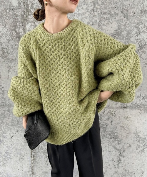 select MOCA by son(セレクトモカバイソン)の「【サイズ展開あり】オーバーサイズハニカムニット(ニット/セーター・レディース・ブラック/アイボリー/ブラウン/グリーン/ブルー/オートミール/ネイビー・FREE/SMALL)」の8枚目の写真