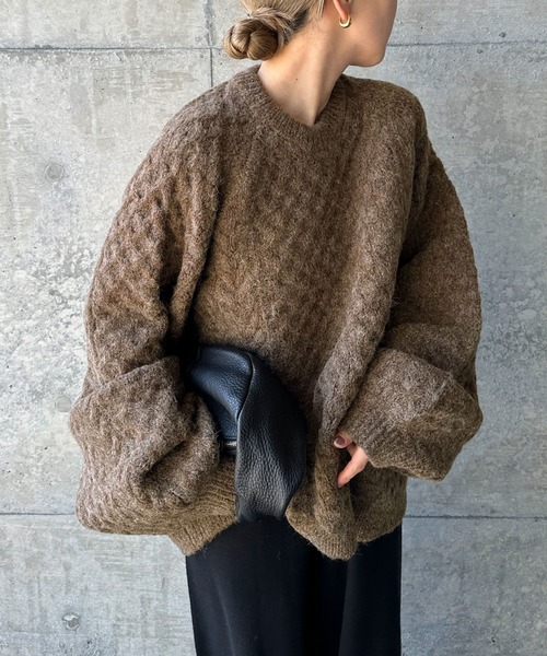 select MOCA by son(セレクトモカバイソン)の「【サイズ展開あり】オーバーサイズハニカムニット(ニット/セーター・レディース・ブラック/アイボリー/ブラウン/グリーン/ブルー/オートミール/ネイビー・FREE/SMALL)」の22枚目の写真