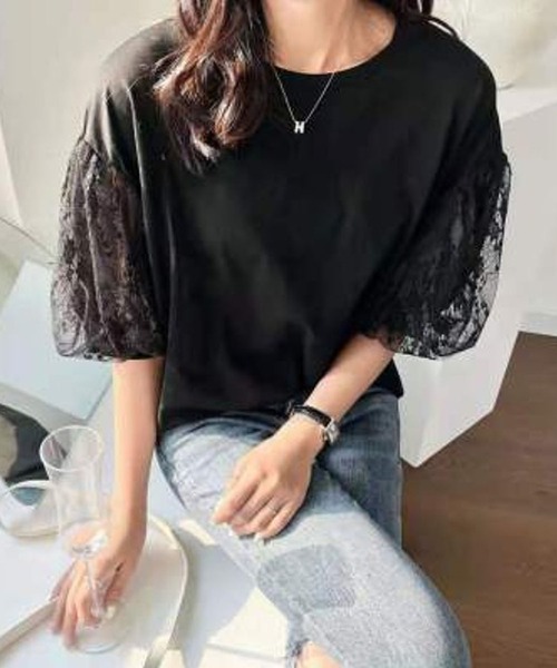 Bifrost(ビフレスト)の「ボリュームレーススリーブTシャツ(Tシャツ/カットソー・レディース・ブラック/ベージュ/ピンク・F)」の4枚目の写真