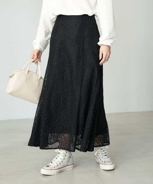 earth music&ecology（アースミュージックアンドエコロジー）の「切り替えマーメイドレーススカート（スカート・レディース・ブラック/オフホワイト/イエロー・FREE）」の2枚目の写真