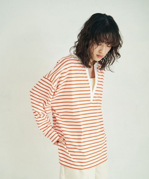 4youstory（フォーユーストーリー）の「【4youstory】ボーダーキーネックプルオーバー（Tシャツ/カットソー・レディース・ブラック/オレンジ/ブルー・FREE）」の3枚目の写真