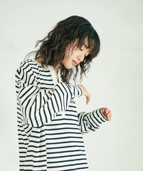 4youstory（フォーユーストーリー）の「【4youstory】ボーダーキーネックプルオーバー（Tシャツ/カットソー・レディース・ブラック/オレンジ/ブルー・FREE）」の5枚目の写真