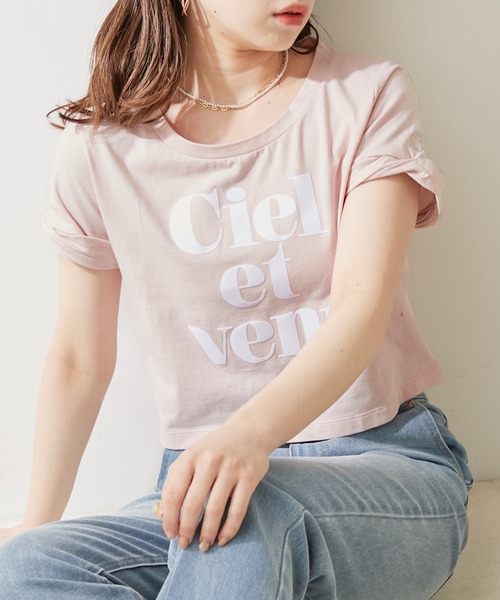 Chico（チコ）の「ショート丈フロッキーチビロゴTシャツ（Tシャツ/カットソー・レディース・アイボリー/ホワイト系2/ブラック/ライトピンク・FREE）」の4枚目の写真