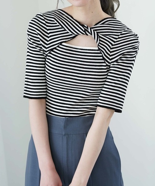 archives（アルシーヴ）の「２ＷＡＹフロントねじりリブニットプルオーバー（ニット/セーター・レディース・ブラック/ピンク/ブルー/アイボリー/ホワイト×ブラック・MEDIUM）」の3枚目の写真