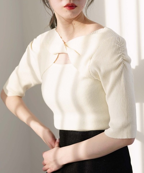 archives（アルシーヴ）の「２ＷＡＹフロントねじりリブニットプルオーバー（ニット/セーター・レディース・ブラック/ピンク/ブルー/アイボリー/ホワイト×ブラック・MEDIUM）」の2枚目の写真