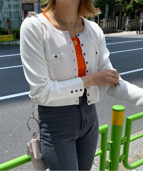 archives(アルシーヴ)の「ミラノリブ配色カーディガン(カーディガン/ボレロ・レディース・イエロー/オレンジ/ピンク/サックスブルー/ブラック/オフホワイト・MEDIUM)」の10枚目の写真