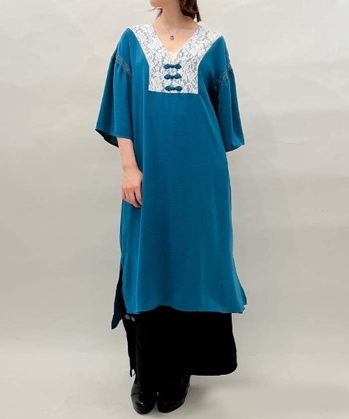 axes femme（アクシーズファム）の「チャイナ釦ゆったりロングワンピース（ワンピース・レディース・ブラック/イエロー/グリーン/ブルーグリーン・FREE）」の4枚目の写真