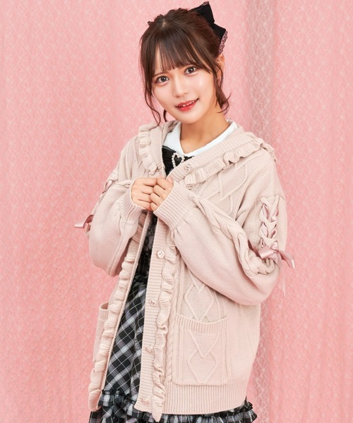 Secret Honey(シークレットハニー)の「フード付ケーブル編みカーディガン(カーディガン/ボレロ・レディース・ワインレッド/グレー/オフホワイト/ピンク・MEDIUM)」の3枚目の写真