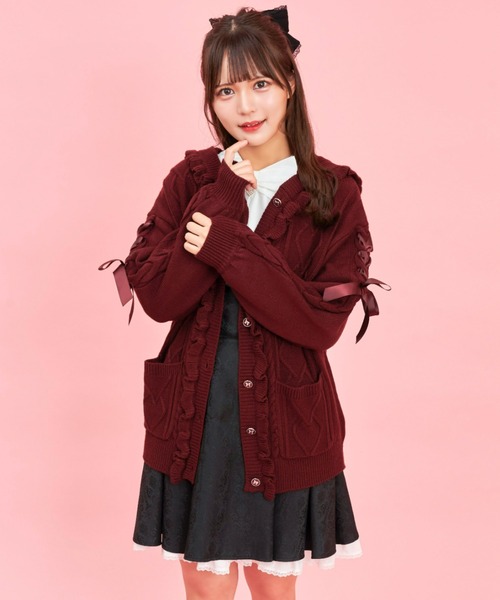 Secret Honey(シークレットハニー)の「フード付ケーブル編みカーディガン(カーディガン/ボレロ・レディース・ワインレッド/グレー/オフホワイト/ピンク・MEDIUM)」の5枚目の写真