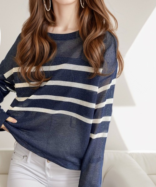 Java(ジャバ)の「《JaVa ジャバコラボ》程よい透け感でこなれレディに格上げ。シアーボーダープルオーバー(Tシャツ/カットソー・レディース・ホワイト系1/ベージュ系1/オレンジ系1/ホワイト×グリーン/ネイビー・LARGE/MEDIUM/SMALL/X-LARGE)」の9枚目の写真