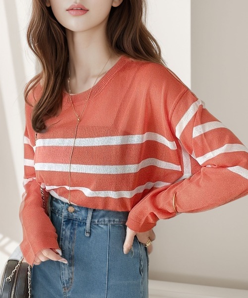 Java(ジャバ)の「《JaVa ジャバコラボ》程よい透け感でこなれレディに格上げ。シアーボーダープルオーバー(Tシャツ/カットソー・レディース・ホワイト系1/ベージュ系1/オレンジ系1/ホワイト×グリーン/ネイビー・LARGE/MEDIUM/SMALL/X-LARGE)」の15枚目の写真