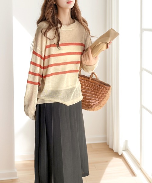 Java(ジャバ)の「《JaVa ジャバコラボ》程よい透け感でこなれレディに格上げ。シアーボーダープルオーバー(Tシャツ/カットソー・レディース・ホワイト系1/ベージュ系1/オレンジ系1/ホワイト×グリーン/ネイビー・LARGE/MEDIUM/SMALL/X-LARGE)」の22枚目の写真