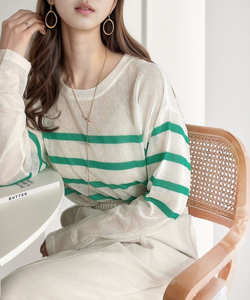 Java(ジャバ)の「《JaVa ジャバコラボ》程よい透け感でこなれレディに格上げ。シアーボーダープルオーバー(Tシャツ/カットソー・レディース・ホワイト系1/ベージュ系1/オレンジ系1/ホワイト×グリーン/ネイビー・LARGE/MEDIUM/SMALL/X-LARGE)」の20枚目の写真