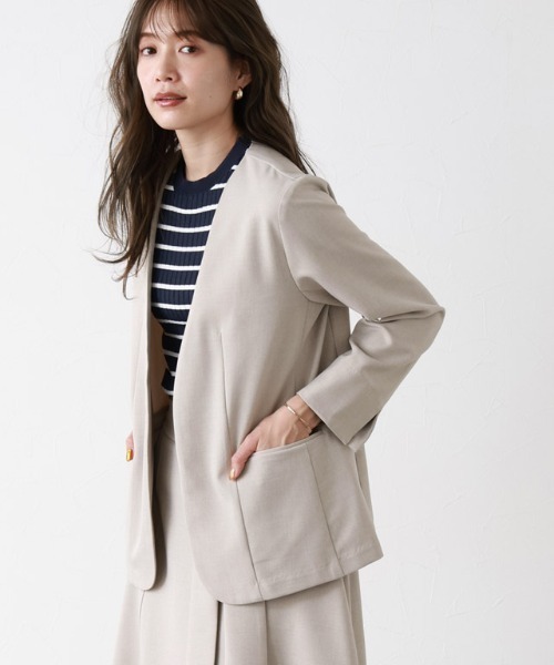 Pierrot（ピエロ）の「リネンライクノーカラージャケット（ノーカラージャケット・レディース・ベージュ/杢グレー/ネイビー・L/M）」の3枚目の写真