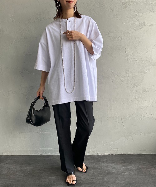 Healthknit（ヘルスニット）の「【FINEBOYS 9月号掲載】[HEALTHKNIT/ヘルスニット] 別注 ビックシルエット ヘンリーネックTシャツ（Tシャツ/カットソー・レディース・グレー/ブラック/ホワイト・M/L/XL/XXL）」の7枚目の写真