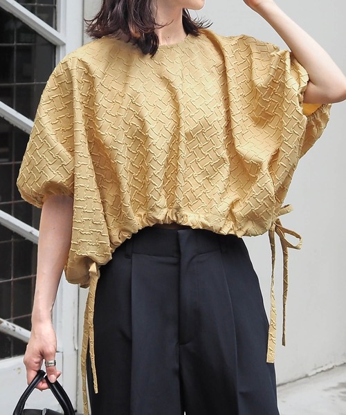 ドロスト半袖ブラウス 半袖 綺麗め カジュアル トップス ドロスト付き 裾のコード ちりめん シワにならない Ehre style ドロスト半袖ブラウス 半袖 綺麗め カジュアル