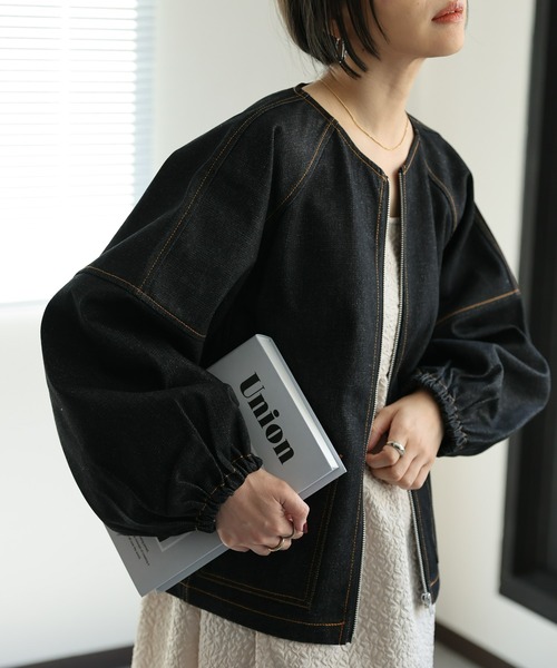 ap retro（アプレトロ）の「ランタンスリーブデニムブルゾン（デニムジャケット・レディース・ネイビー/ブラック・FREE）」の3枚目の写真