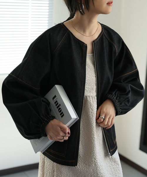 デニム ジャケット スリーブ ブルゾン ランターン セール】ランタンスリーブデニムブルゾン（デニムジャケット