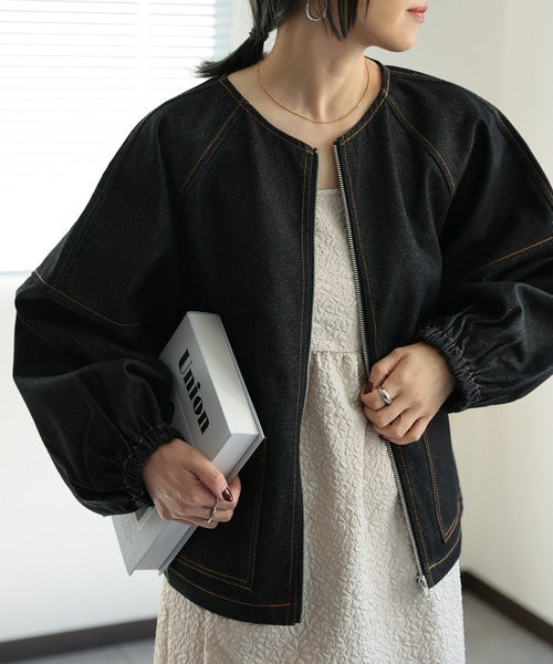 ap retro（アプレトロ）の「ランタンスリーブデニムブルゾン（デニムジャケット・レディース・ネイビー/ブラック・FREE）」の17枚目の写真