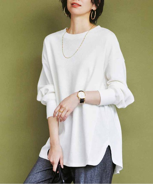 IEDIT（イディット）の「ＩＥＤＩＴ　ハニカム柄ワッフル素材のバックボタンプルオーバー（Tシャツ/カットソー・レディース・ネイビー/チャコールグレー/ホワイト・LARGE/MEDIUM/X-LARGE/XX-LARGE/SMALL/XXX-LARGE）」の2枚目の写真