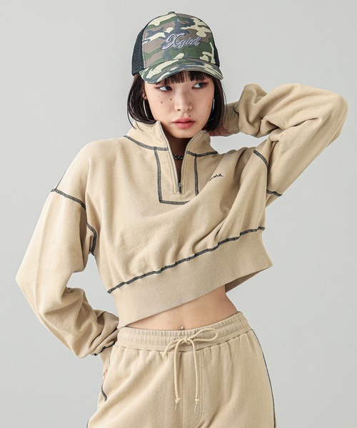 X-girl(エックスガール)の「CROPPED HALF ZIP SWEAT TOP(スウェット・レディース・ベージュ/チャコール/オレンジ・M/S)」の13枚目の写真