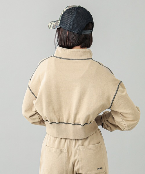 X-girl(エックスガール)の「CROPPED HALF ZIP SWEAT TOP(スウェット・レディース・ベージュ/チャコール/オレンジ・M/S)」の14枚目の写真