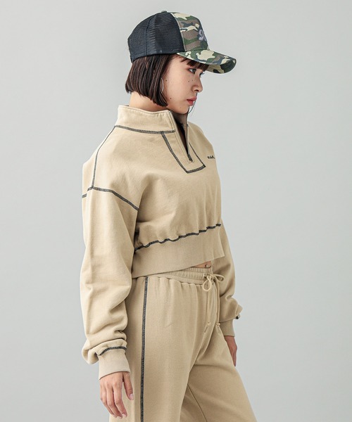 X-girl(エックスガール)の「CROPPED HALF ZIP SWEAT TOP(スウェット・レディース・ベージュ/チャコール/オレンジ・M/S)」の15枚目の写真