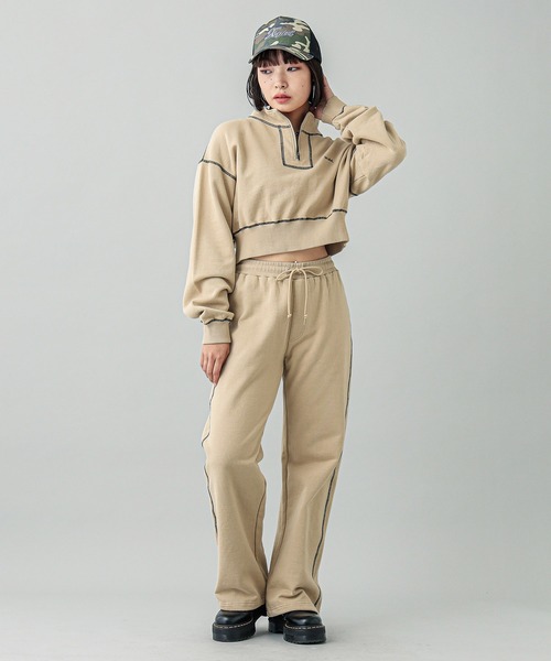 X-girl(エックスガール)の「CROPPED HALF ZIP SWEAT TOP(スウェット・レディース・ベージュ/チャコール/オレンジ・M/S)」の16枚目の写真