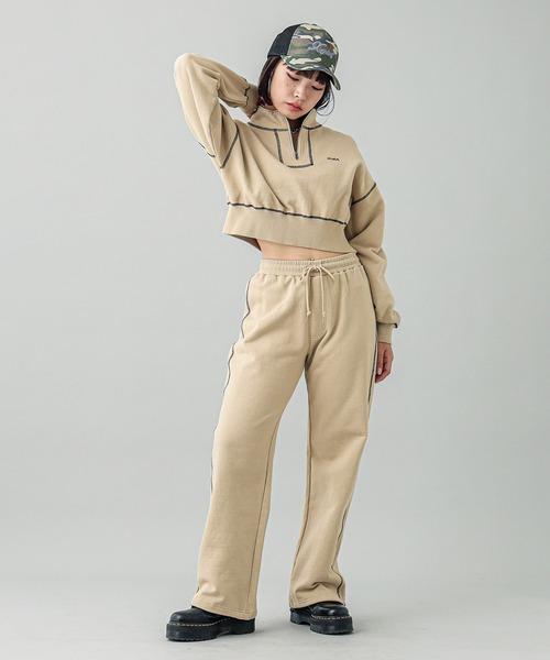 X-girl(エックスガール)の「CROPPED HALF ZIP SWEAT TOP(スウェット・レディース・ベージュ/チャコール/オレンジ・M/S)」の18枚目の写真