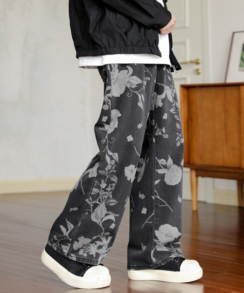 フラワープリント ワイド デニム モノトーン パンツ 夏 cr9883 セール】【FVLMEN】vintage flower print wide denim/ビンテージ