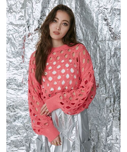 EVRIS（エヴリス）の「カットワークニットトップス（ニット/セーター・レディース・ブルー/ブラック/ピンク・FREE）」の4枚目の写真