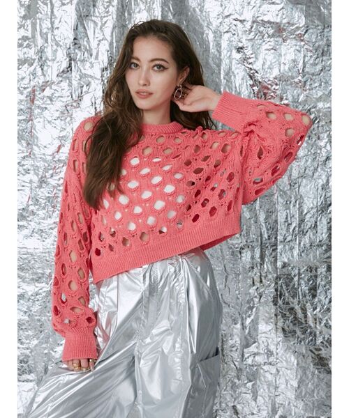 EVRIS（エヴリス）の「カットワークニットトップス（ニット/セーター・レディース・ブルー/ブラック/ピンク・FREE）」の5枚目の写真